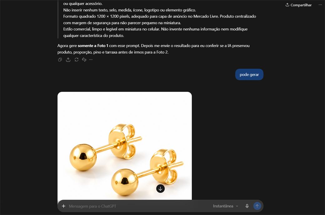 Prompt de imagem e a foto gerada a partir da foto real do produto